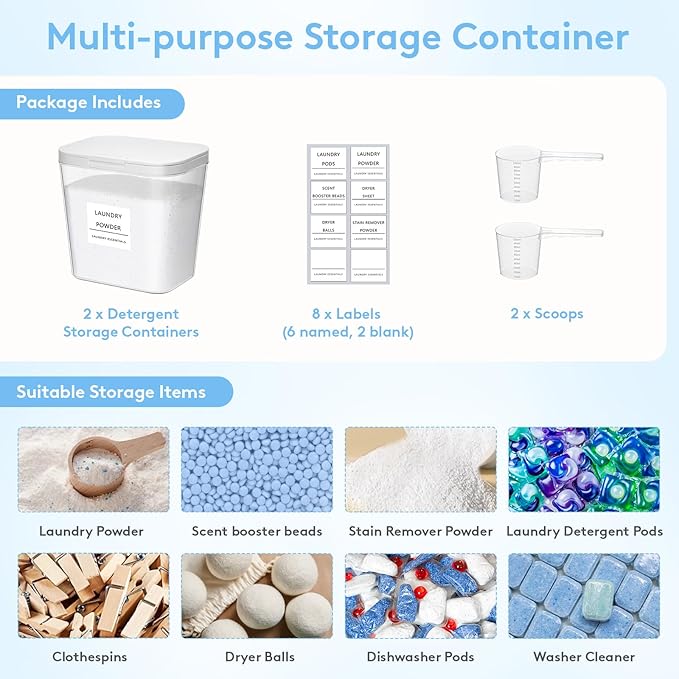 Lifewit 2 Pcs Laundry Pods Container with Pop-up Lid, Detergent Dispenser, Dryer Sheet Holder, Laundry Room Organization Storage Jars for Washing Powder, Soap, Scent Booster Beads, 2700 ml/0.72gal