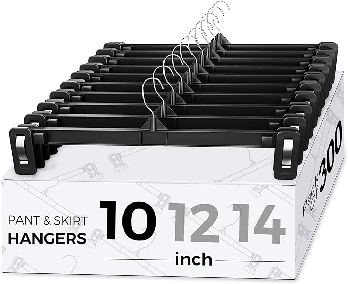 Smartor Space Saving Heavy Duty Hangers - 300 Pack, Slim Plastic Pants and Shorts Hangers, Ridged Non-Slip with Pinch Clips, 360-Rotating Chrome Swivel Hook, Black, 10 Inches