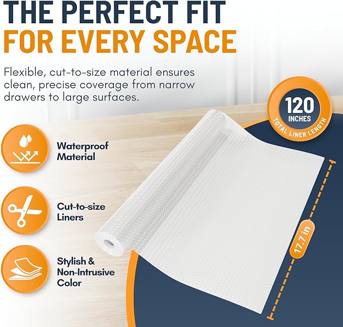 Shelf Liner Drawer Liner for Kitchen Cabinets Non-Adhesive by Linda’s Essentials (17.7 x 120 Inches) - Non-Slip Easy Clean Kitchen Cabinet and Cupboard Protector, Waterproof Mat, Clear Roll