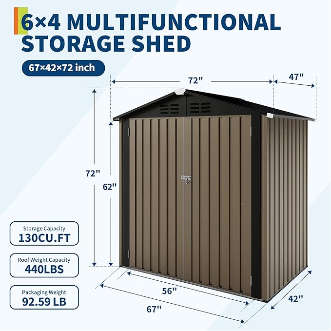 6x4 FT Outdoor Storage Shed, Garden Tool Storage Shed with Sloping Roof and Double Lockable Door, Outdoor Sheds with Panel Protection for Backyard Garden Patio Lawn