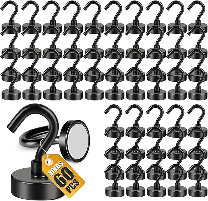 DIYMAG Magnetic Hooks, 30lbs+ Magnet Garage Hook 2026 Cruise Cabin Ship Essentials Heavy Duty Strong Magnets Refrigerator Fridge Hanging for Classroom Beach Vacation Kitchen Grills Home Black 60 Pack