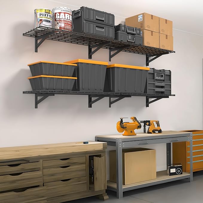 4 Pack Heavy Duty Garage Wall Shelving Set (1.5x4ft), Wall Mounted Garage Shelves 1400lbs Capacity, 18"x96" Shelf Storage Rack Floating Shelves, Black