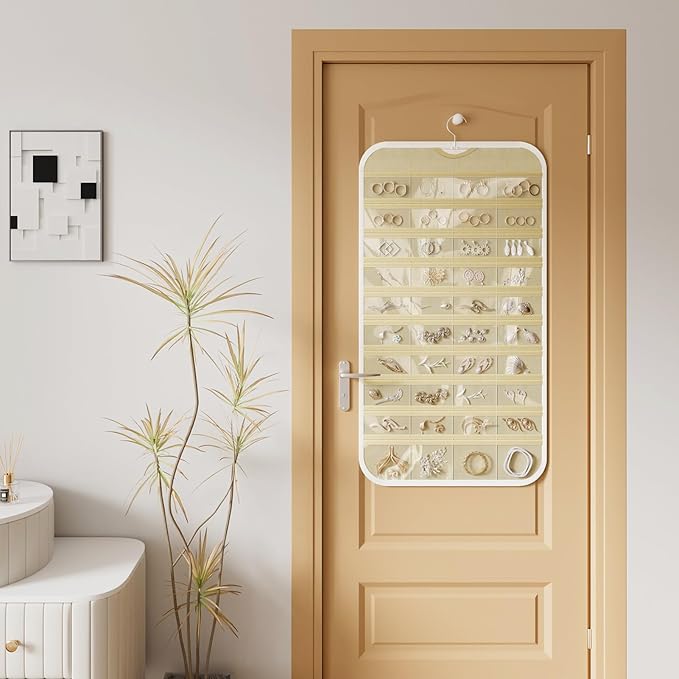 1 Pack Hanging Jewelry Organizer 80-Pocket Dual-sided Jewelry Storage for Earring Necklace Bracelet Ring Travel Holder, White and Beige