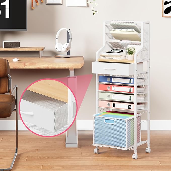 SWTYMIKI 10-Tier Rolling File Cart - Mesh Paper Organizer with Drawer and Hanging File Folders on Lockable Wheels, Rolling File Cabinet for Office Organization, Storage in Home, Studio, School, White