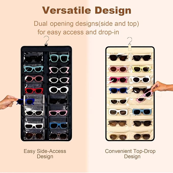 LAKSMI 2 PCS Hanging Sunglasses Organizer & Jewelry Storage, 32 Dust-Proof Pockets for Multiple Sunglasses and Accessories