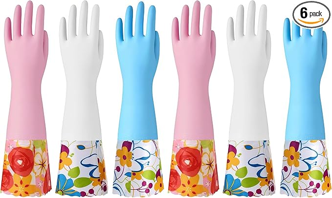 Bamllum 3 Pairs Rubber Cleaning Gloves, Household Kitchen Dishwashing Gloves with Cotton Flocked Liner, Long Cuff 16 Inches, Reusable, Non-Slip (Medium, Blue+Pink+White) (Pack of 2)