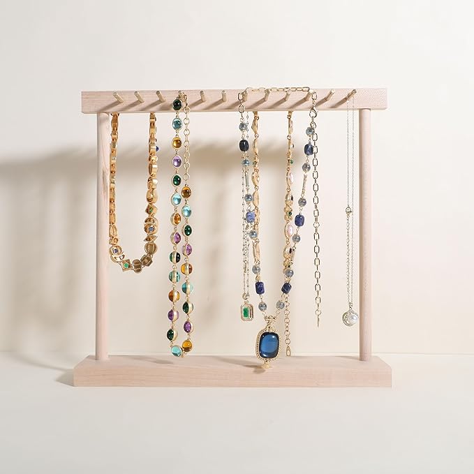 GemeShou Medium necklace hanger shelf with 12 copper bars, Wooden jewelry storage organizer rack for hanger necklace bracelet, necklace display stand for boutique store【Maple】