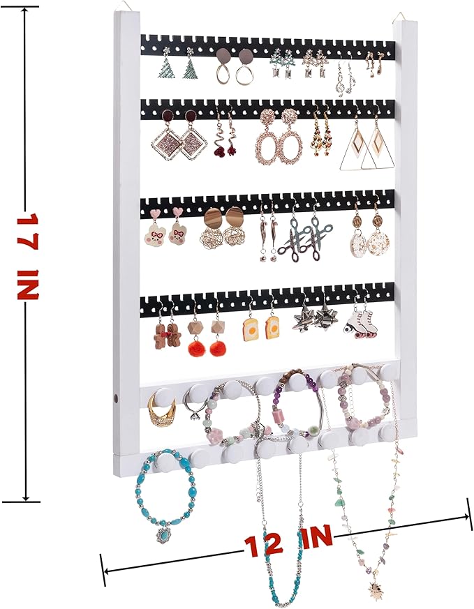 Solid Wood Earring Hanging Jewelry Organizer Wall Mounted Earring Organizer and Necklace Holder- Earring Display for studs, dangling, Necklace, Bracelet, and Rings-White Color