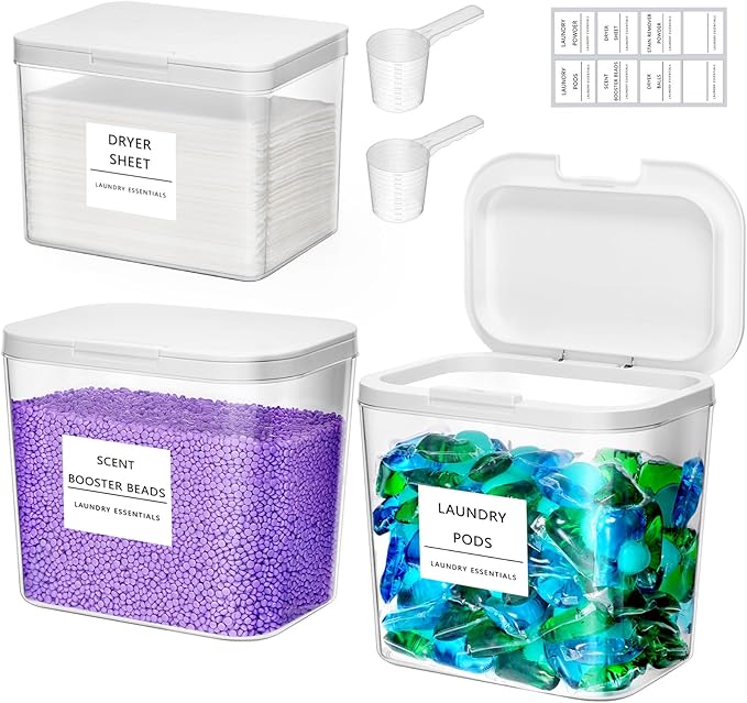 Lifewit 3 Pcs Laundry Pods Container with Pop-up Lid, Detergent Dispenser, Dryer Sheet Holder, Laundry Room Organization Storage Jars for Washing Powder, Soap, Scent Booster Beads, 2700 ml/0.72gal