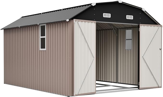 10×12 FT Outdoor Storage Shed,Heavy-Duty Metal Shed with Floor Base,All Weather Waterproof Tool Shed W/Diamond Roof & Windows,Lockable Double Door & 4 Air Vents,for Backyard,Patio,Lawn,Brown