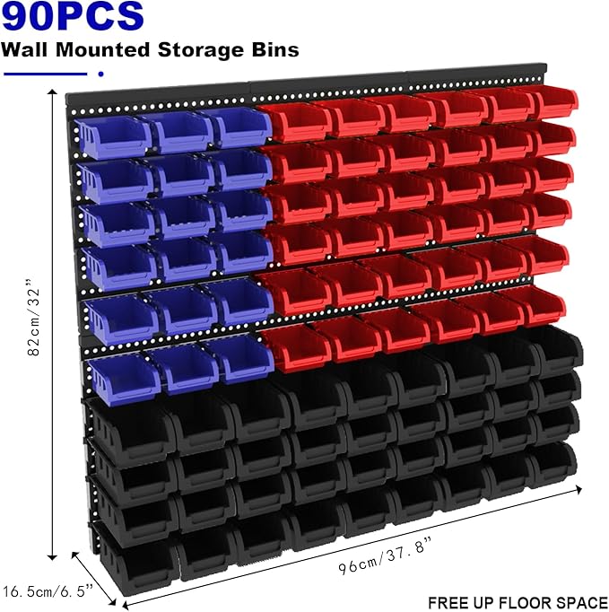 90PCS Heavy-Duty Wall Mounted Storage Bins - Plastic Adjustable Compartment Organizer for Nuts, Bolts, Screws & DIY Tools | Garage, Workshop Wall Rack