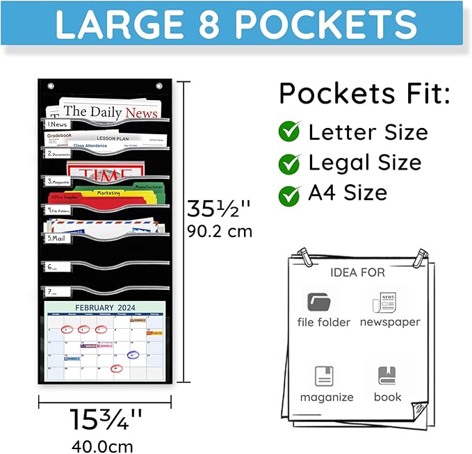 8 Pockets Hanging Wall File Organizer for Legal/ Letter/ A4 Size Paper, Over the Door Organizer, Black Pocket Chart for Classroom, Office, Home Use with 12 Name Tags, 5 Hooks and Clear Calendar Pocket