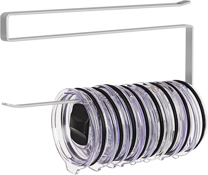 Tumbler Lid Organizer, Horizontal Tumbler Lid Storage Hook Up to 10 Lids, Space Saving Cup Lid Holders Under Cabinet Tumbler Lid Hook for Kitchen Organizer and Storage, Paper Towel Rack Hanger (Gray)