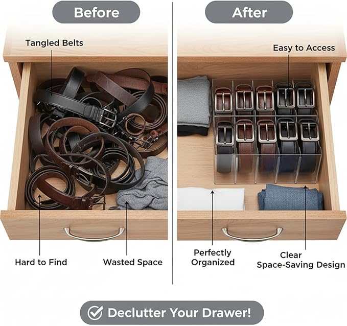 Belt Organizer 2pack,Acrylic Belt storage Organizer for Closet with Removable Dividers - 5 Compartments & Handles Drawer organization and storage for underwear, Socks, and Ties (2)