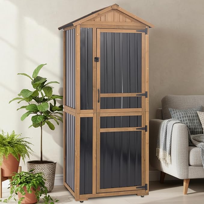 Outdoor Storage Cabinet 70 Inch, Wooden Vertical Garden Tool Storage Shed with Adjustable Shelves, Waterproof Roof, Lockable Doors, Small Backyard Utility Cabinet for Patio Garage