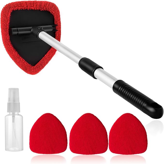 11pcs Windshield Cleaner Tool, Car Window Cleaning Wash Kit with 6 Reusable Microfiber Pads 2 Spray Bottles and Extendable Handles Auto Glass Wiper Kit, Red