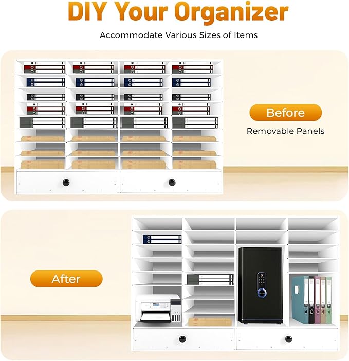 LOYALHEARTDY Literature Organizer,32 Compartment Office Mailbox with 2 Drawers,Paper and Mail Organizer,Paper Storage Cabinet Mail Organizer,39.4 X 12 X 25.2''Desktop File Sorter for Home&Office,White