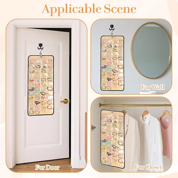 2 Pack Hanging Jewelry Organizer Storage Roll, with 96 Pockets 42 Necklace Hooks 33”x14” Double Sided Wall Mount Earring Holder Large Bracelet Display Hanger Storage Bag for Closet Door