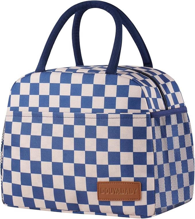 Lunch Bag Women/Men Lunch Box Women/Men (Blue+Beige Checkerboard)