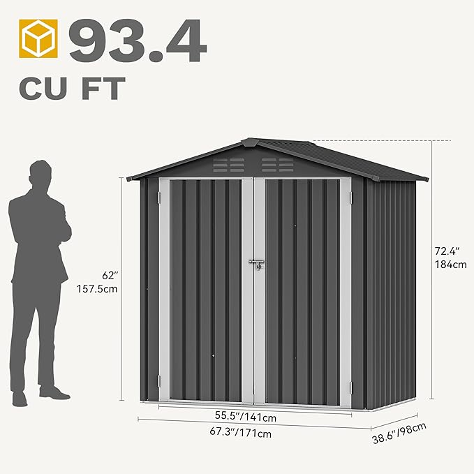 DWVO 6x4ft Tool Storage Shed, Lockable Doors, and Sloped Roof, Steel Outdoor Storage Shed for Garden, Patio, Garage, Backyard, Lawn - Dark Gray