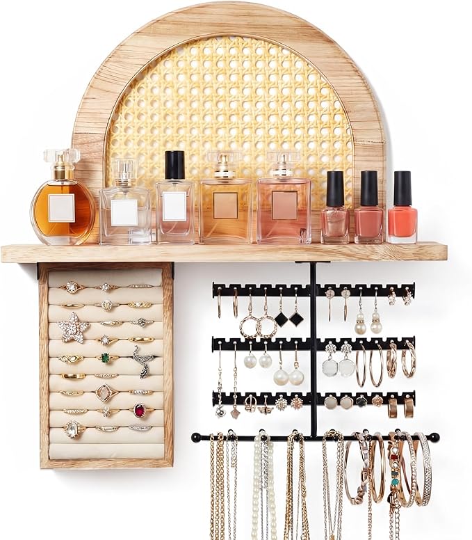 Hanging Jewelry Organizer Wall Mounted with Rustic Wood Rattan Shelf Wooden Ring Display Box Large Boho Jewelry Holder for Necklaces Bracelet Earrings Rings Storage