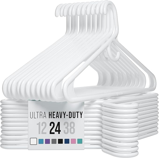 NEATERIZE Ultra Heavy Duty Plastic Clothes Hangers - White - Durable Coat, Suit and Clothes Hanger. Perchas De Ropa (24 Pack - White)