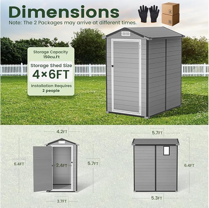 GVDV 4×6FT Outdoor Resin Plastic Storage Shed with Reinforced Floor, All-Weather Plastic Shed with Lockable Door, Window, Waterproof Tool Storage for Garden, Backyard, Patio, Tool Storage