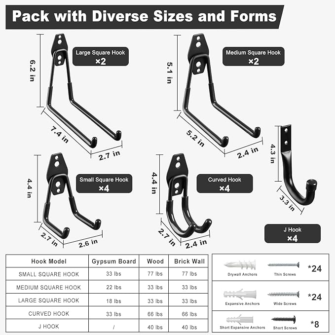 LANDNEOO Garage Hooks, 20-Pack Steel Garage Accessories for Organization and Storage, Heavy Wall Mount Duty Hooks with Anti-Slip Coating for Hanging Ladder, Bike, Power Tools and More Tools, Black