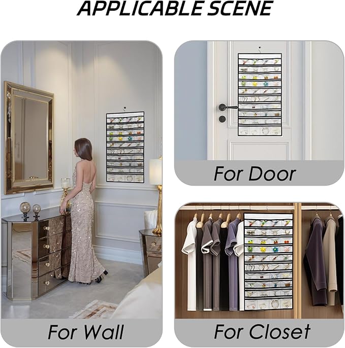 Muka Hanging Jewelry Organizer, Double Sided Foldable 80 Pockets Closet Jewelry Organizer Storage with Hanger, White