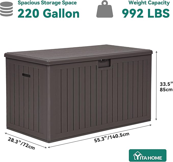 YITAHOME 220 Gallon Extra Large Deck Box, Double-Wall Resin Outdoor Storage Box with Flexible Divider for Patio Cushions Pool Supplies Garden Tools, 990 lbs Load Capacity, Lockable (Brown)