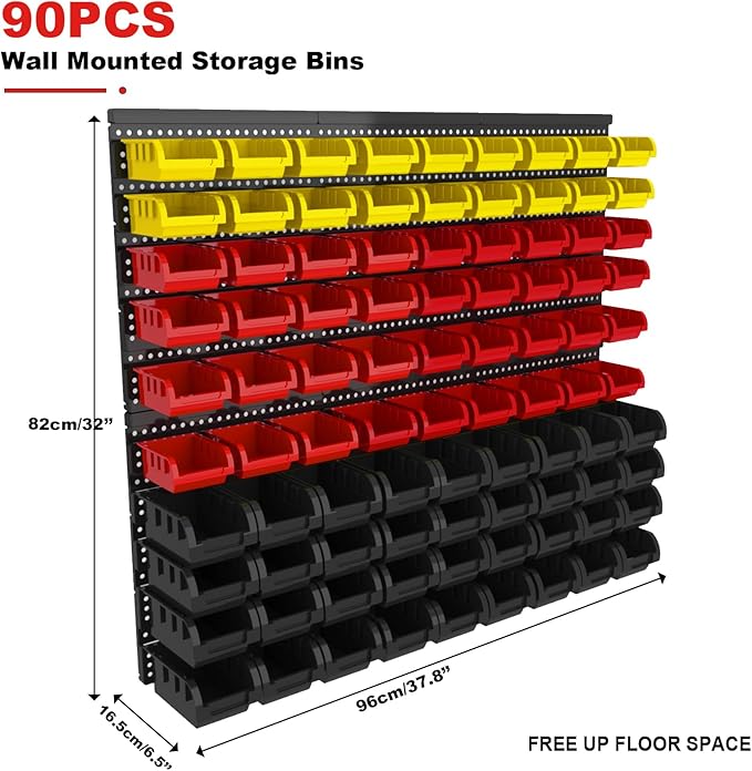 Wall Mounted Storage Bins - Plastic Adjustable Compartment Organizer for Screws, Nuts, Bolts & Tools | Heavy-Duty Home & Garage Organization | Closet, Bedroom, 90PCS (36R+36B+18Y)