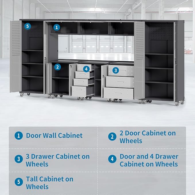 Garage Storage Cabinets System 8 PCS Workshop Set with Drawers Locking Heavy Duty Rolling Cart with Adjustable Shelves Garage Tool Workbench Cabinets (8 PCS)