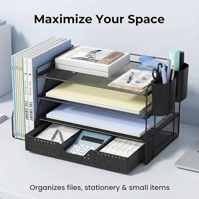 Desk Organizer, 4-Tier Paper Organizer Letter Tray with File Holder, Drawer and 2 Pen Holders, Desktop File Organizer for Office Supplies, Workspace Storage, Black
