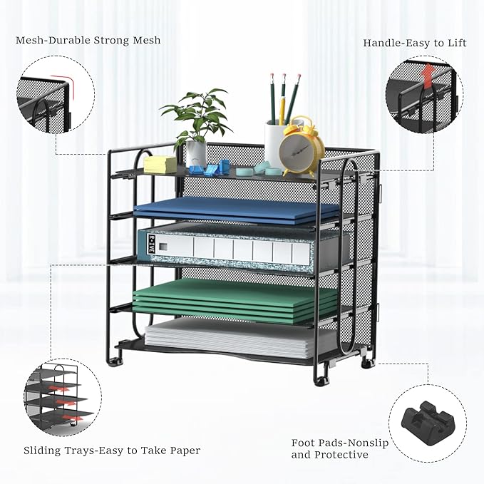 Letter Tray Paper Organizer, 5 Tier Desk Organizers Black Mesh Stackable Paper File Holder for Home Office, Document Shelves and Sorter 13.4Lx9Wx12.6H inches
