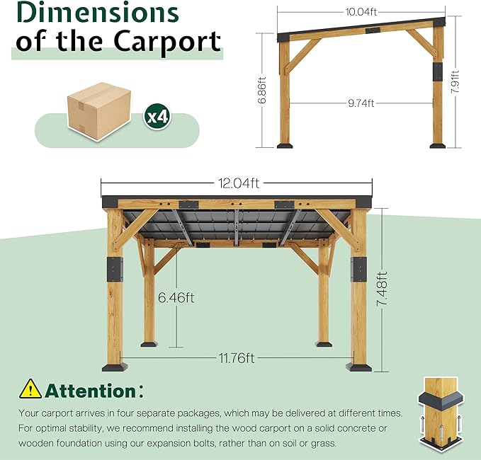 Jocisland 10x12x8 FT Cedar Wood Carport, Heavy Duty Canopy Carport with Sloped Galvanized Steel Roof for All Weather, Permanent Shelter for Tractor, Motorcycle, Bike & Garden Tools
