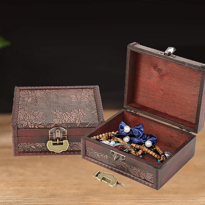 5-Inch Wooden Lock Box, Vintage Keepsake Box with Lock and Key, Small Locking Decorative Box for Jewelry Necklace, Earrings