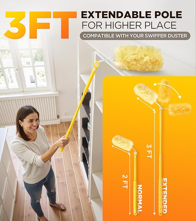 Heavy Duty Duster Refill Kit for Swiffer Duster with 3 ft Extension Pole & 20 Count Refills, 4X Microfibers Multisurface Dusters for Cleaning Home, Celling Fan, Blinds, Vent & Shelves