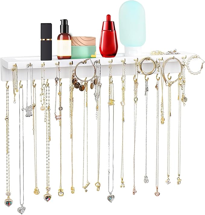Necklace Holder, Upgraded Extra Large Wall Necklace Organizer with 30 Hooks Wall Mounted Necklace Hanger with Jewelry Tray/Cosmetics Shelf Rustic Pine Wood Holder (White)