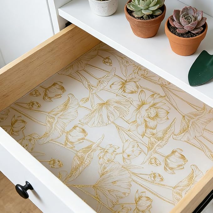 Shelf Liners Non Adhesive Light Base Gold Lotus Pattern - Thickened Non-Slip Easy to Clean Drawer Liner for Kitchen Cabinets, Tool Box, Refrigerator, with Knife & Tape Measure, 17in x 30FT