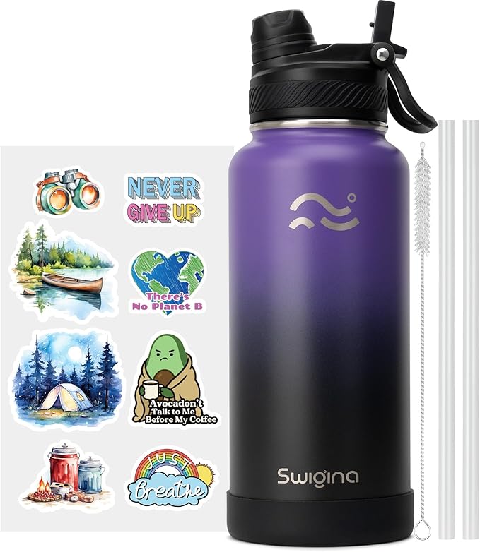 [2-IN-1 LID] Insulated Water Bottle with Silicone Boot (36hrs Cold/18hrs Hot) - DIY Stickers, Leakproof, BPA Free, 32 oz