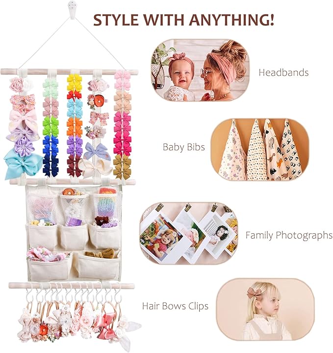 cherrboll Hair Bows Holder Headband Organizer for Girls, Hair Clips Hanger Storage with Hooks, Wall Hanging Decor for Nursery Room