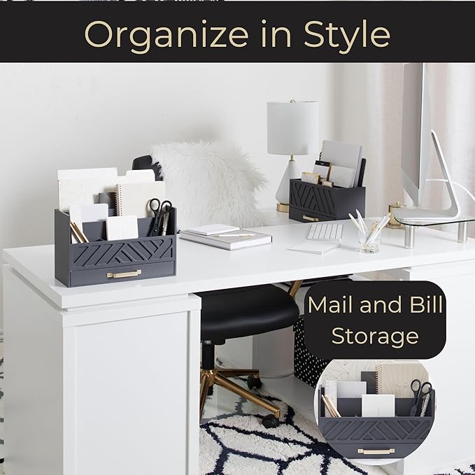 BLU MONACO | Wooden Mail Organizer with Drawer Gold Handle | Mail Sorter Organizer Countertop and Outgoing Mail Holder | Tabletop Organizer with Drawers Grey Desk Storage