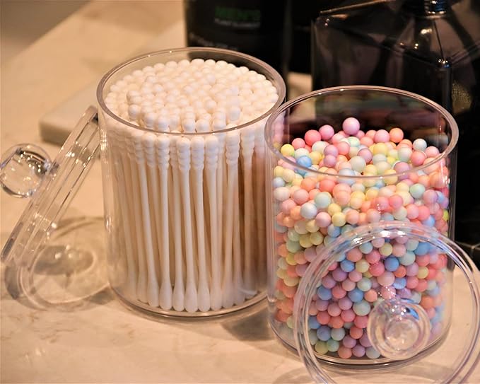 2 Pack Qtip Holder Storage Canister for Cotton Ball, Cotton Swab, Pads, Floss; 10-Ounce Clear Plastic Apothecary Jar with Lid, Bathroom Makeup Organizer (2)