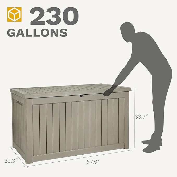 DWVO 230 Gallon Outdoor Storage Box, XXL Weather Resistant Resin Large Deck Box for Patio, Cushions, Tools, and Sports Equipment - Light Brown