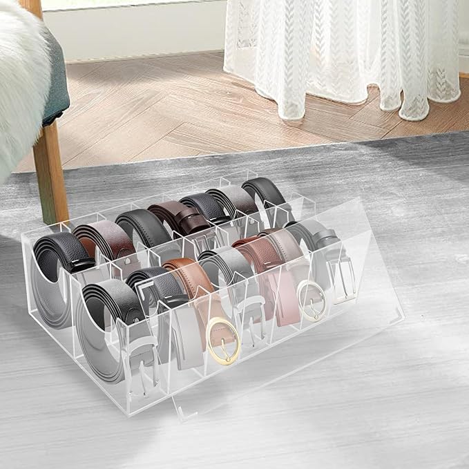 Belt Organizer with Lid, 14 Compartments Acrylic Belt Storage Holder with Dust Cover for Closet Drawer Checkroom Clear Belt Divider Display Case