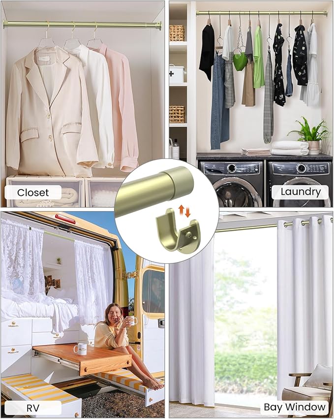 Closet Rods for Hanging Clothes, 17 to 84 Inches Stepless Adjustable Metal Closet Rod, 1.3 Inches Heavy Duty Clothes Hanging Rod for Closet Wardrobes Laundry RV, Verdant Gold