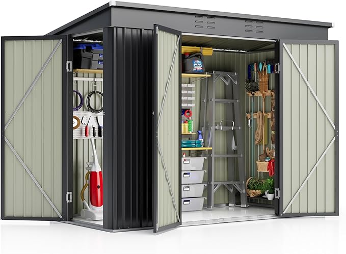 JUMMICO 8x4 FT Outdoor Storage Shed, Heavy Duty Tool Metal Sheds with 3 Lockable Doors and Updated Frame Structure for Backyard Patio Lawn, Black
