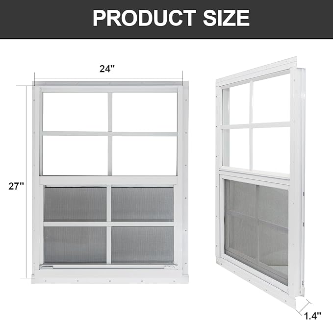 Yuzzy 24" x 27" Shed Windows with Tempered Glass and Fiberglass Screen, 2 Pack Small Sliding Windows for Shed, Chicken Coop, Playhouse, Household, Garage, Barns (White)