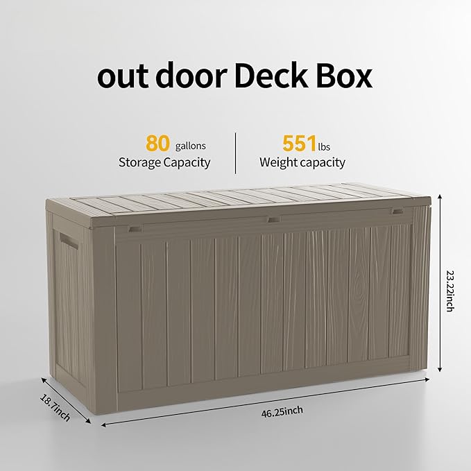 Outdoor Storage Deck Box Waterproof,80 Gallon Lockable Patio Package Delivery Bin as Seat, Resin Storage Container Bench for Furniture Cushions, Pool Accessories, Garden Tools, Grey