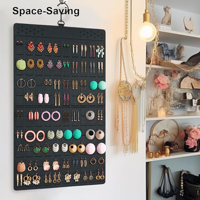 Dual Sided Hanging Jewelry Organizer with Hanger for Closet,Tangle Free Felt Necklace Earring Holder for 300 Earrings & 30 Necklaces Over Door University Dorm, Gift Ready Black (1 Pack)